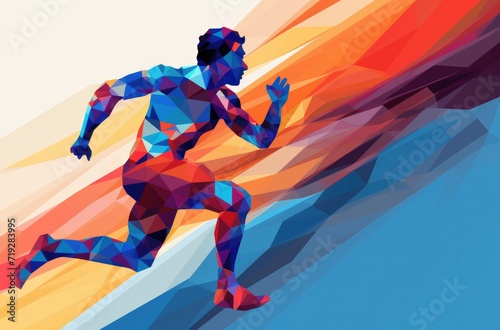 a colored abstract image of a man running, in the style of geometric, iconic imagery