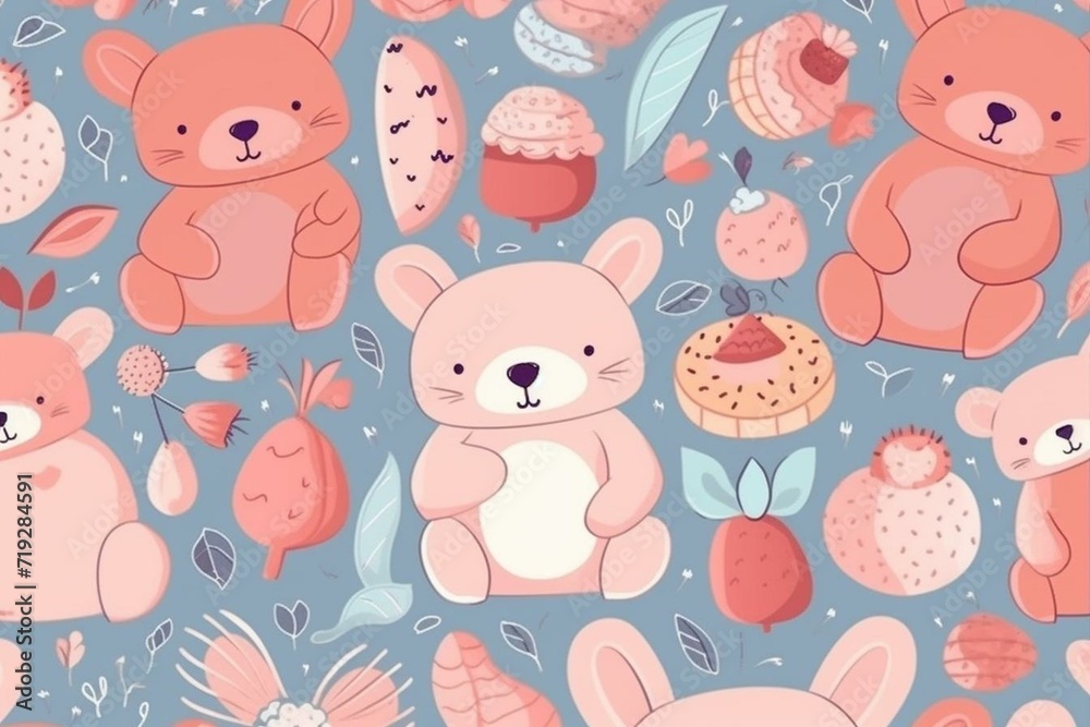 Festive pattern of rabbit, teddy bear, and sweets. Ideal for fabric, packaging, textiles, wallpaper, children's clothing. Generative AI