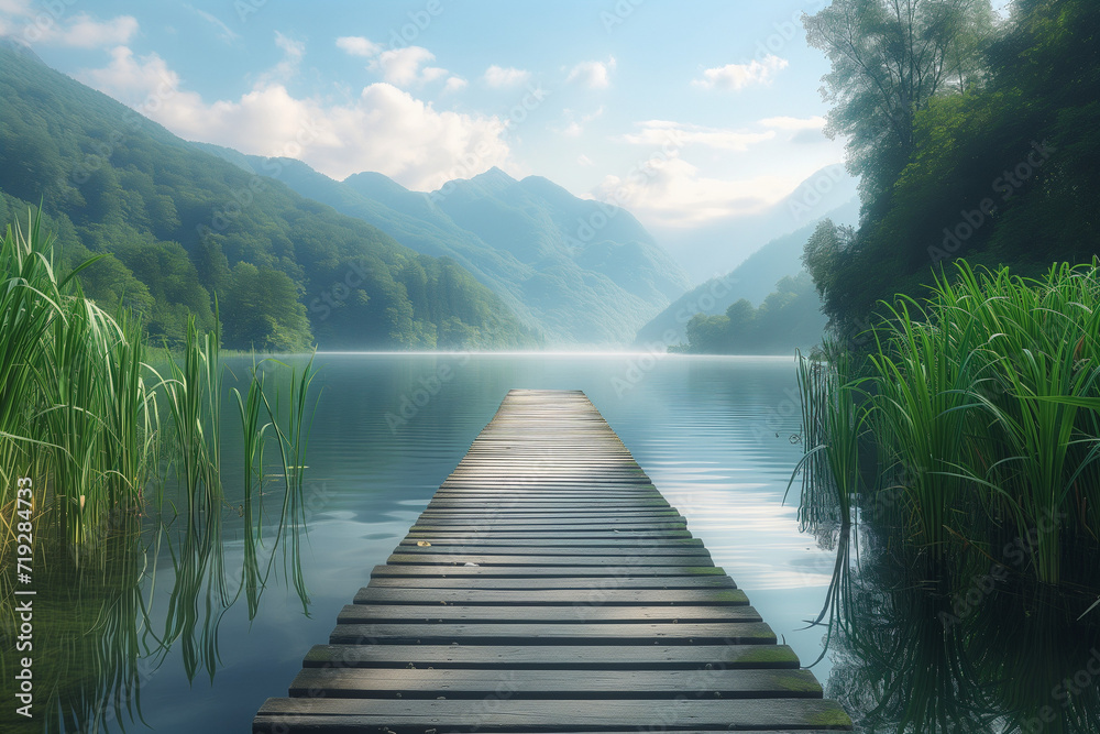 Fototapeta premium wooden bridge over the lake, feeling welcome and meditative