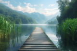 wooden bridge over the lake, feeling welcome and meditative