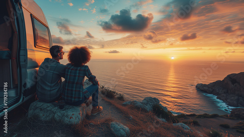 A couple travelers watching sunset near his camper van in the coast by the sea enjoying an adventure travel photo