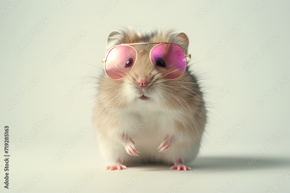 Fashionable hamster in pink glasses. Minimalistic pets style isolated over light background