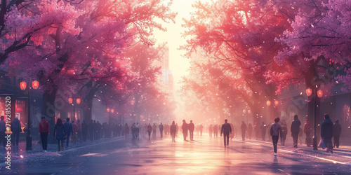 City street in spring with people walking, trees, and a romantic atmosphere