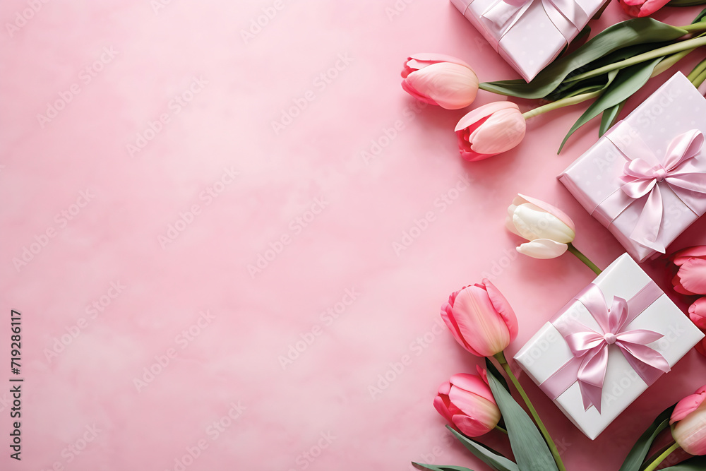 Beautiful pink tulips and gift boxes on pink background, top view, valentine's day, wedding, engagement, mother's day, birthday greeting card