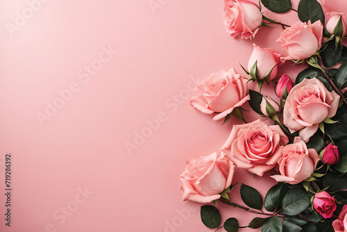 Top view of pink roses and green leaves on pink background with copy space