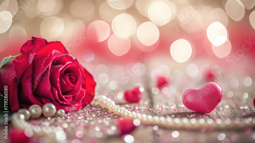 Valentine s day background with red rose  pearl necklace and bokeh.