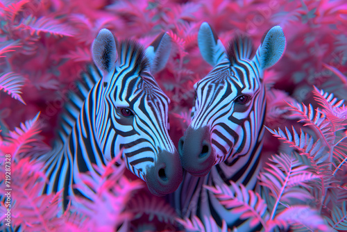 two zebras surrounded by vibrant and colorful fern-like plants. 