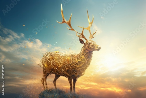 Golden deer on fiery sky. Spectacular majestic glowing deer animal in clouds. Generate ai