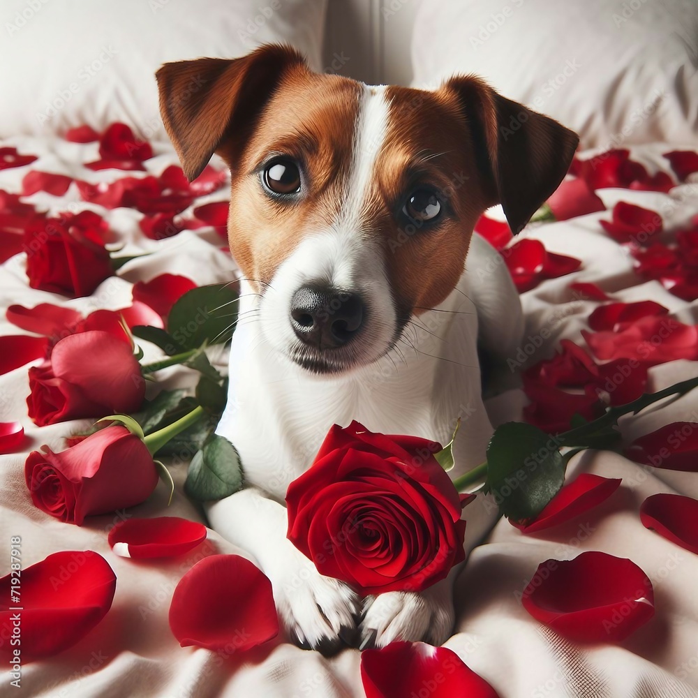 Jack Russell dog in bed with Flowers (2)