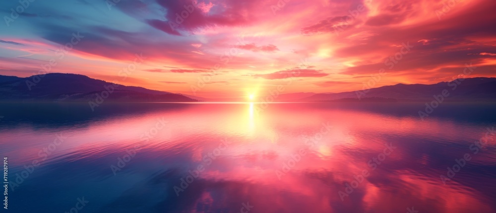 A Breathtaking Sunset Over A Tranquil Lake, Casting Vibrant Reflections On Water. Сoncept Nature's Majesty, Calming Serenity, Radiant Reflections, Sunset Splendor, Tranquil Waters