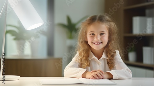 A young girl in the office is sitting at a table and has a pen in her hand