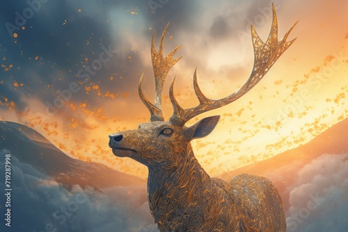 Golden fabled stag on fiery sky background. Regal majestic luminous deer animal. Generate ai