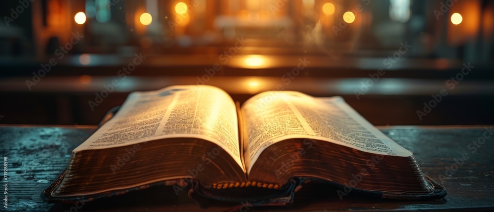 A Litup Bible Rests Open, Radiating A Soft Glow Within A Church. Сoncept Spiritual Illumination, Sacred Scriptures, Divine Radiance, Church Serenity, Spiritual Enlightenment
