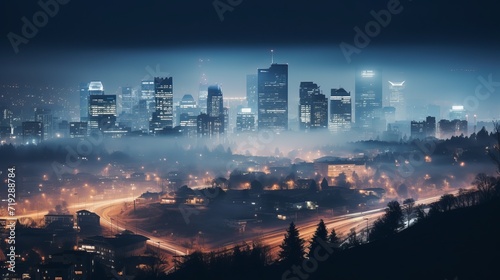 An evening view of a city with a cloudy sky.