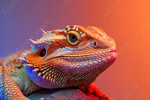 Multi color Bearded dragon lizard on a rock with a colorful orange background. 