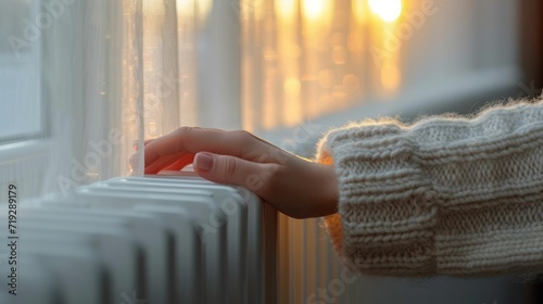 Corporate photo, Woman extends a hand to a white radiator, seeking warmth on a chilly day, as daylight filters softly through the sheer curtain behind her. 