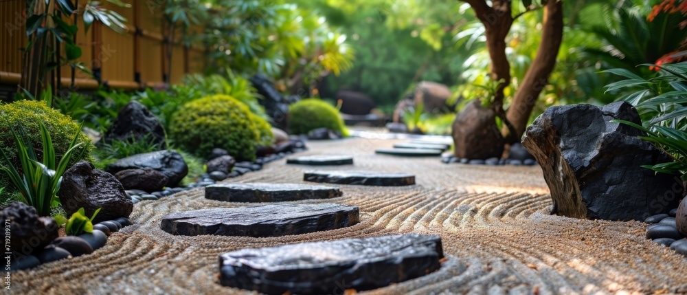 A Tranquil Zen Garden Featuring Meticulously Arranged Stones And Lush Vegetation, Offering A Serene Oasis For Contemplation And Calm