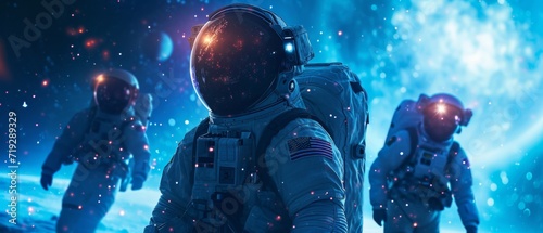 A Team Of Astronauts Conducting Planetary Exploration In Outer Space, Using Ai. Сoncept Space Exploration, Astronaut Team, Planetary Exploration, Outer Space, Ai Technology
