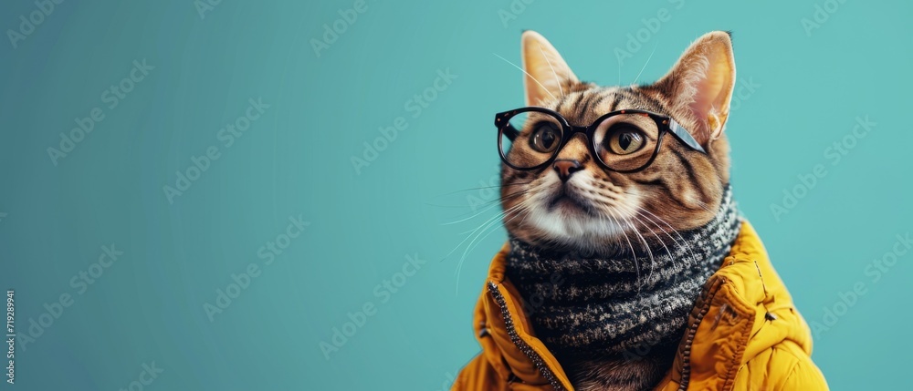 Charming Cat In Glasses And Fashionable Attire Poses In A Neat Setting. Сoncept Cute Cat Photoshoot, Feline Fashion, Stylish Kitty, Glasses And Glam, Purrfect Poses