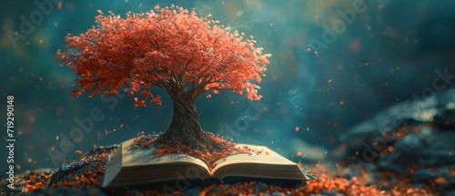 An Enchanted Book Sprouts A Vibrant Tree, Blurring The Line Between Fiction And Reality. Сoncept Fantasy Adventure, Magical Realism, Book Lovers Paradise, Nature's Wonderland