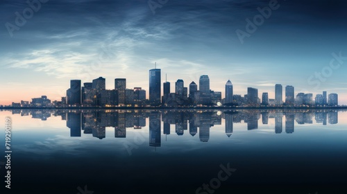 View of the city with skyscrapers, seen from any river, with reflections in the river water.