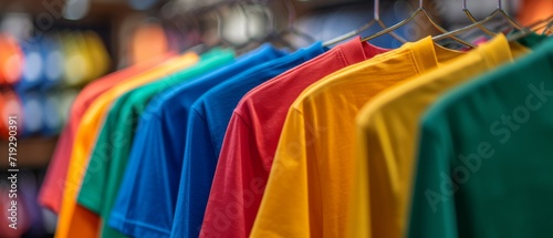 Vibrant Array Of Colorful Tshirts Gracefully Displayed On A Hanger Amidst Store Atmosphere. Сoncept Fashion Trends, Colorful Tshirts, Store Display, Apparel Showcase, Vibrant Hanger