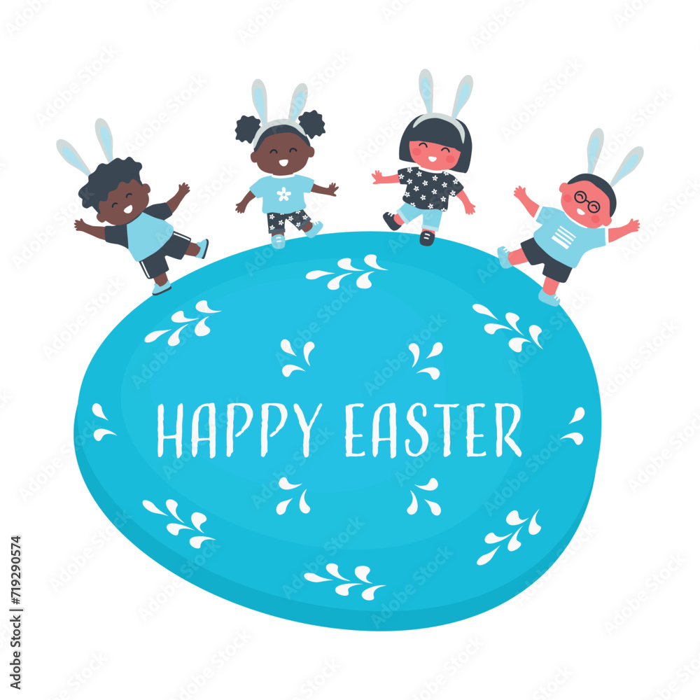 Fototapeta premium Easter kids party. Cute children dance on Blue Easter egg. Diverse Group of little kids have fun. Happy baby girls and baby boys. Vector illustration