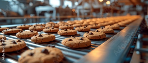 Baking Cookies On A Conveyor Belt A Bustling Scene In A Confectionery Factory. Сoncept Baking Cookies, Conveyor Belt, Confectionery Factory, Bustling Scene, Cookie Making