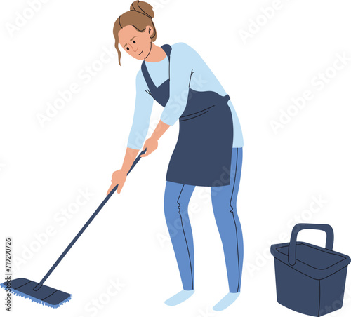 Young female cleaner mopping floor, focused worker in apron and gloves cleaning. Professional cleaning service maid mopping, hygiene maintenance.