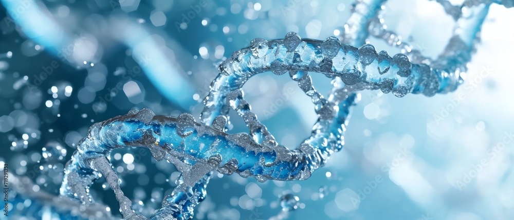 3D Rendered Image Showing Closeup Of Water Dna Chain Symbolizing Hydration And Cosmetics. Сoncept Water Dna Chain, Hydration Symbol, Cosmetics, 3D Rendered Image, Closeup