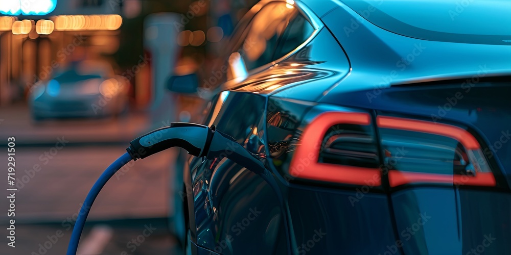 an electric model 3 is plugged into a car charger, in the style of low speed film, dark cyan and light amber, use of impasto technique, ue5, exacting precision, large-scale.