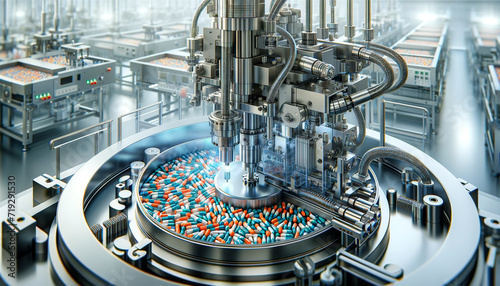 An advanced pharmaceutical production line with automated machines that efficiently process large quantities of colored capsules. Pharmaceutical manufacturing concept. AI generated.