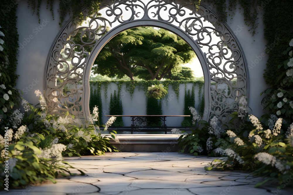 A backyard garden with a custom built Art Deco style