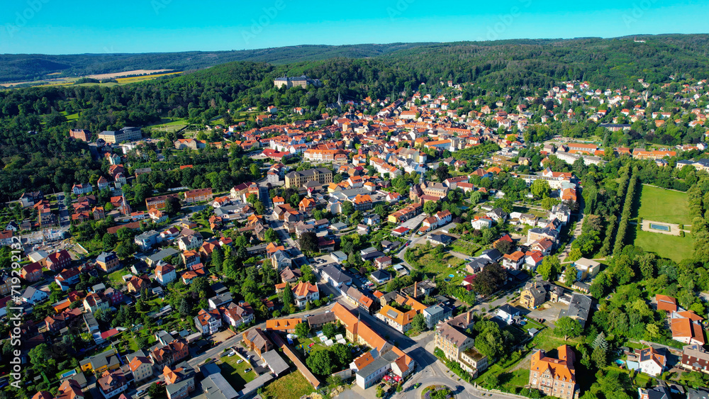 Aeriel view of the old town of the city Blankenburg in Germany on a late spring day