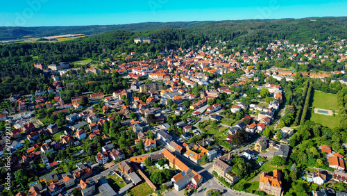 Aeriel view of the old town of the city Blankenburg in Germany on a late spring day