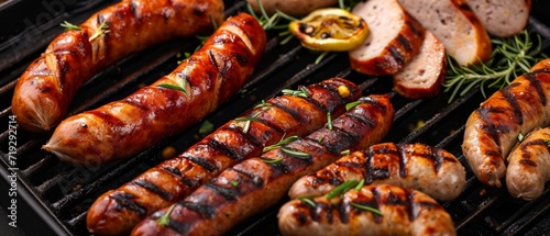 Delicious Assortment Of Grilled Sausages And Meats For A Summer Barbecue. Сoncept Mouthwatering Bbq Feast, Grilled Sausages Galore, Summertime Meaty Delights, Bbq Extravaganza, Savory Summer Grilling
