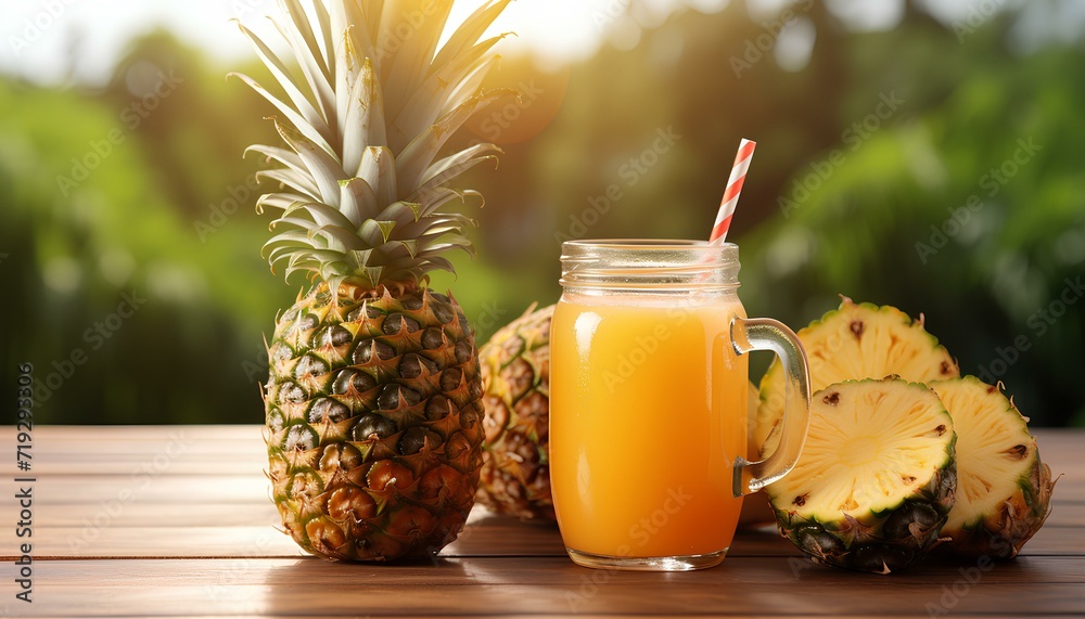 pineapple juice on the table. glass of pineapple juice on a wooden table during spring time. pineapple juice in glass summertime. pineapples in nature
