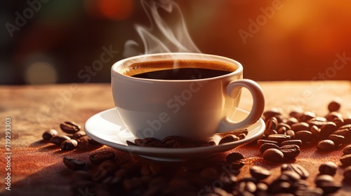 Cup of hot coffee with a saucer is served on a wooden table  with coffee beans decorated around it.
