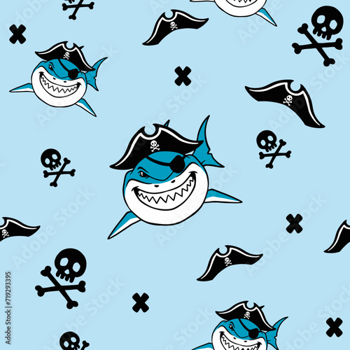 Illustration of cute shark pirates pattern using pirate hat, flat design and blue background. Suitable for wrapping paper, tablecloths, children's cloth, etc