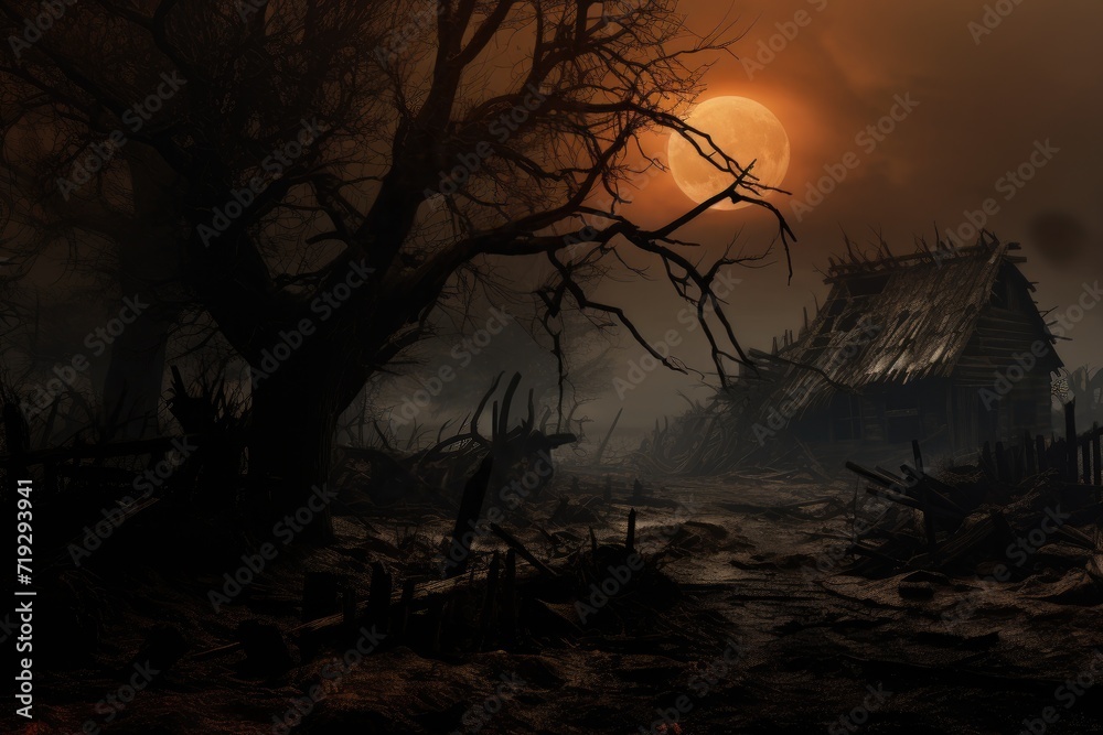 Fototapeta premium Scary spooky graveyard at night. Horror Halloween concept. Scary horror background