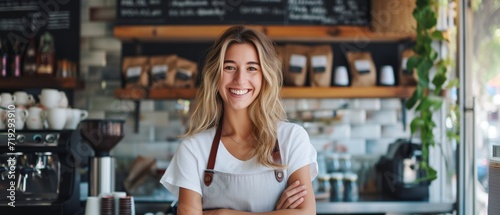 Entrepreneur Woman Proudly Owns Her Thriving Local Coffee Shop Business. Сoncept Small Business Success, Entrepreneurship, Coffee Shop Management, Local Business Ownership, Women In Business photo