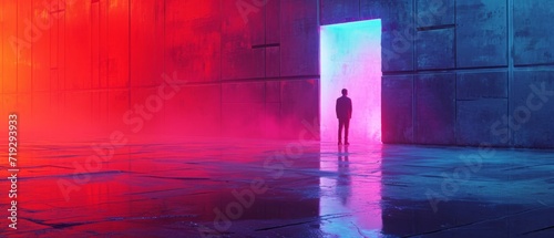 Enigmatic Cyberpunk Artwork With Vibrant Neon Shapes On Reflective Concrete Backdrop. Сoncept Urban Street Photography, Graffiti Murals, Dramatic Lighting, Candid Moments, Fashion Editorial