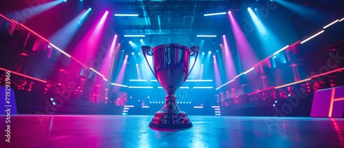 Esports Champion Trophy Stands On Stage Amidst Competing Teams And Neon Lights. Сoncept Esports Championship, Trophy Stand, Competing Teams, Neon Lights