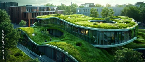 Sustainable Building Design: A Green Roof For An Environmentally Friendly Future. Сoncept Eco-Friendly Materials, Energy-Efficient Systems, Waste Reduction Strategies, Sustainable Landscaping