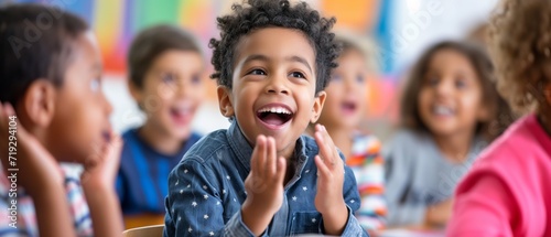 Excited Children Eagerly Participate In A Classroom Discussion, Symbolizing Academic Enthusiasm. Сoncept Academic Enthusiasm, Classroom Participation, Excited Children, Eager Discussions