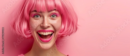 Excited Woman Wearing A Pink Wig With Bright Pink Lips. Сoncept Bold Fashion Statement, Vibrant Cosplay, Fun And Flirty Look, Expressive Makeup, Confidence And Creativity