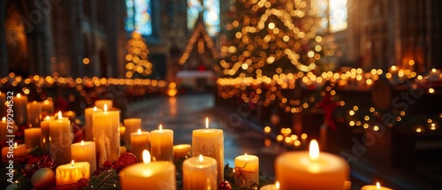 Festive Church Adorned With Many Glowing Candles, Celebrating Christmas In Vibrant Ambiance. Сoncept Christmas Eve Candlelight Service, Ornately Decorated Church, Illuminated Candles