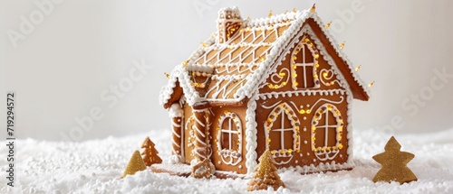 Festive Gingerbread House With Gold Lights, Handdecorated For Christmas, On White Backdrop. Сoncept Elegant Winter Wedding, Snowy Outdoor Ceremony, Cozy Rustic Reception, Glittering Decorations photo