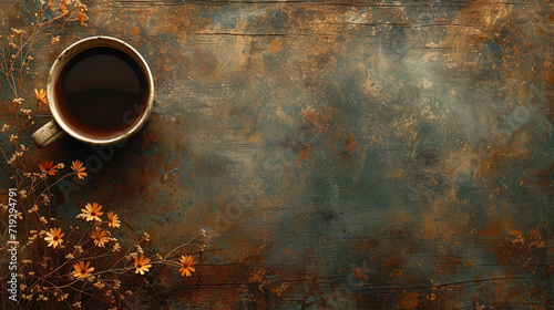 Unusual coffee cup with abstract floral patterns background in animated illustration style, dark brown and white color.