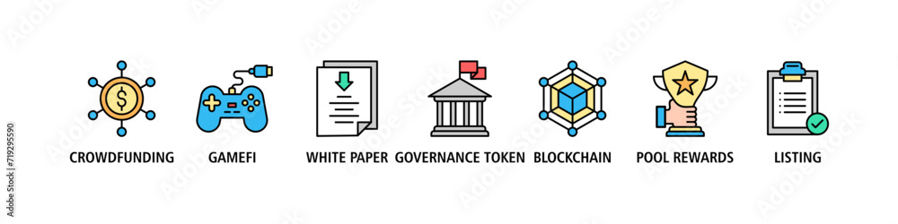 IGO banner web icon set vector illustration concept of initial game offering with icon of crowdfunding, gamefi, white paper, governance token, blockchain, pool rewards and listing